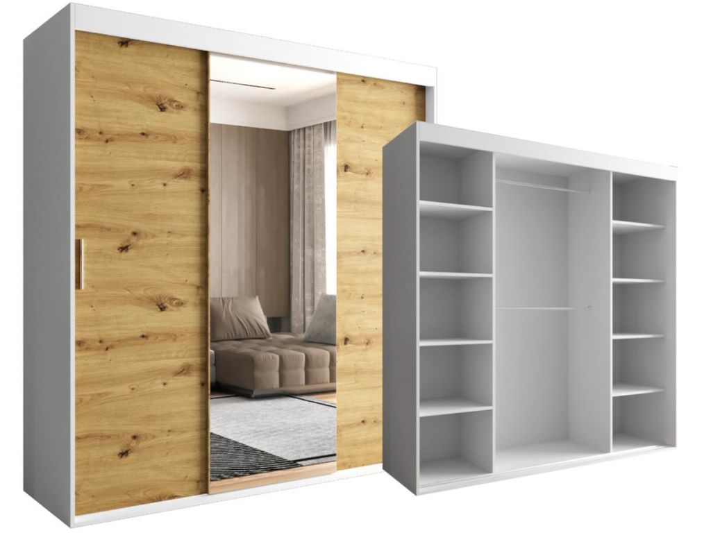 Schiebeschrank 180 CM Weiß und Hellbraun Artisan 3-türig mit Spiegel OTARIO