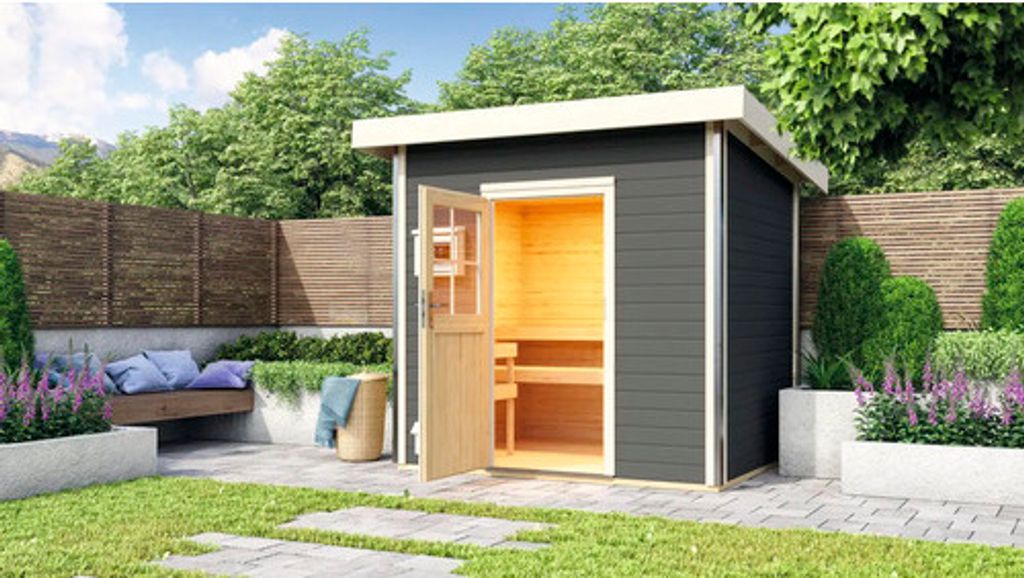 Saunahaus Karibu Opal 4 inkl.9 kW Ofen u.ext.Steuerung und Holztüre mit Klarglas terragrau/weiß