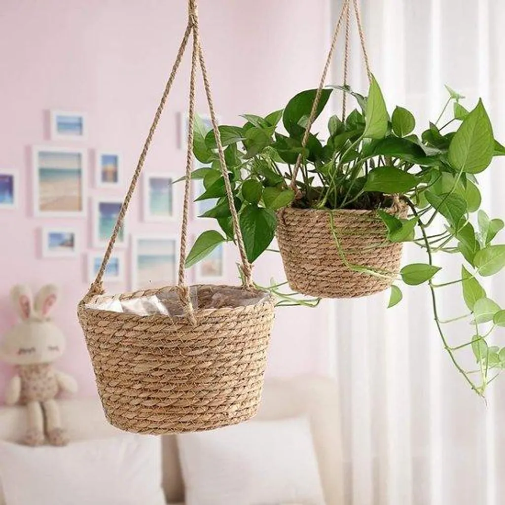 Sac en jute suspendu de 20 cm, pot de fleur artisanal avec doublure PVC
