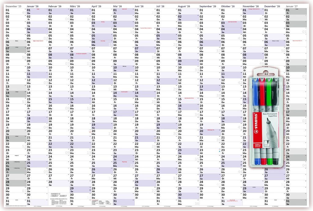 XXXL Wandkalender Special A0 2026 nass abwischbar inkl. Stifteset (Format 120 x 80cm) Jahresplaner Wandplaner gerollt mit extra großen Tageskästchen