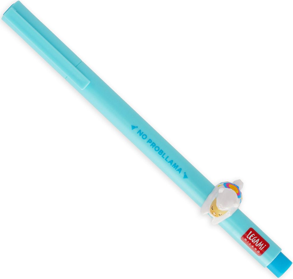 A light blue pen with a decorative bunny charm and text on it, isolated on a white background.