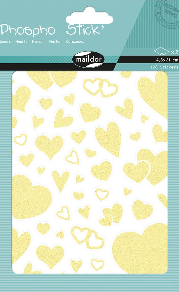 Maildor 10x Phospho' Stick, 2 Stickerbogen 14,8x21cm, Herzen - Neongelb AE216C