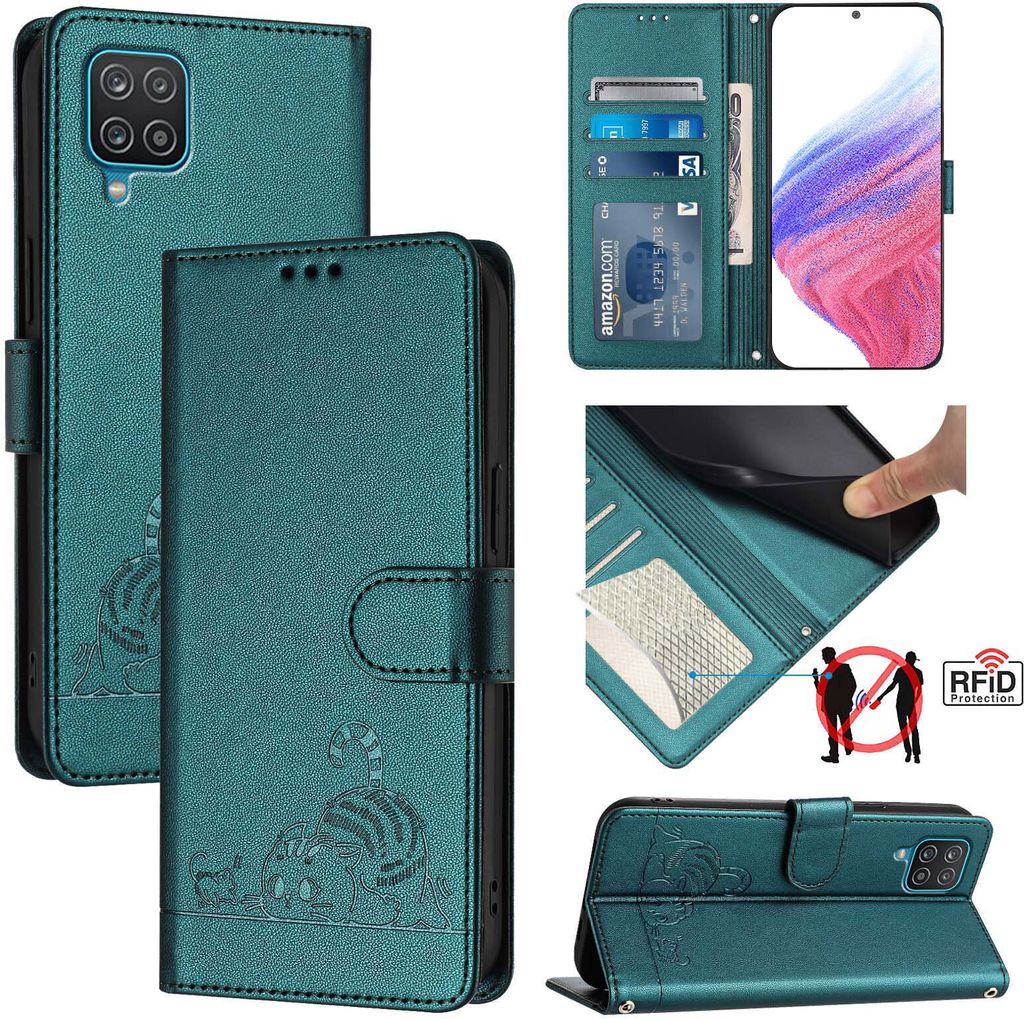 Leder Hülle für Samsung Galaxy A12 / M12 Süße Katze Flip Case Brieftasche Schutzhülle mit Standfunktion Grün