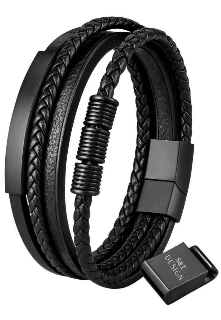 S&T DESIGN Lederarmband Herren Armband Schwarz Schmuck Edelstahl (Geschenkebox (Etui), Geflochten) Magnetverschluss & Verlängerung Geschenk für M...