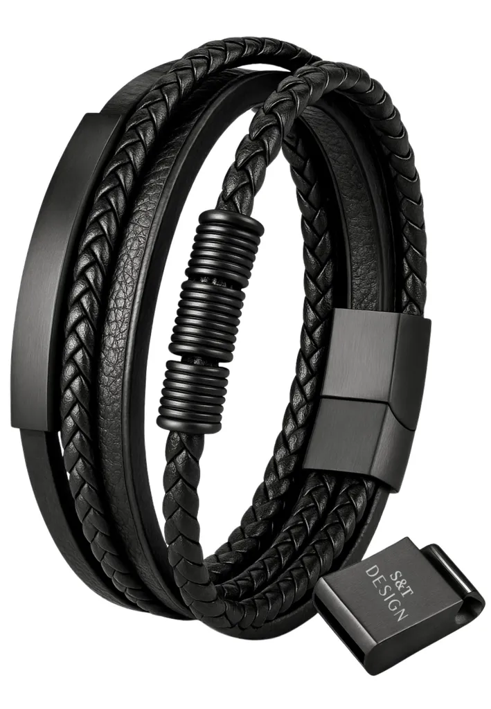 Bracelet homme cuir tressé noir et acier inoxydable avec boîte cadeau chic