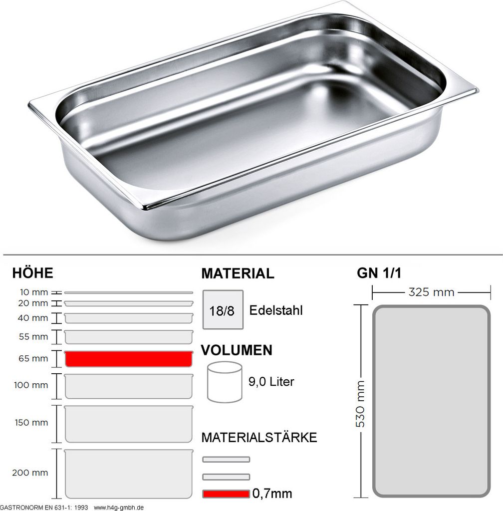 Gastronorm Behälter GN 1/1 - 65mm - GN90 - 18/8 Edelstahl - 0,7mm