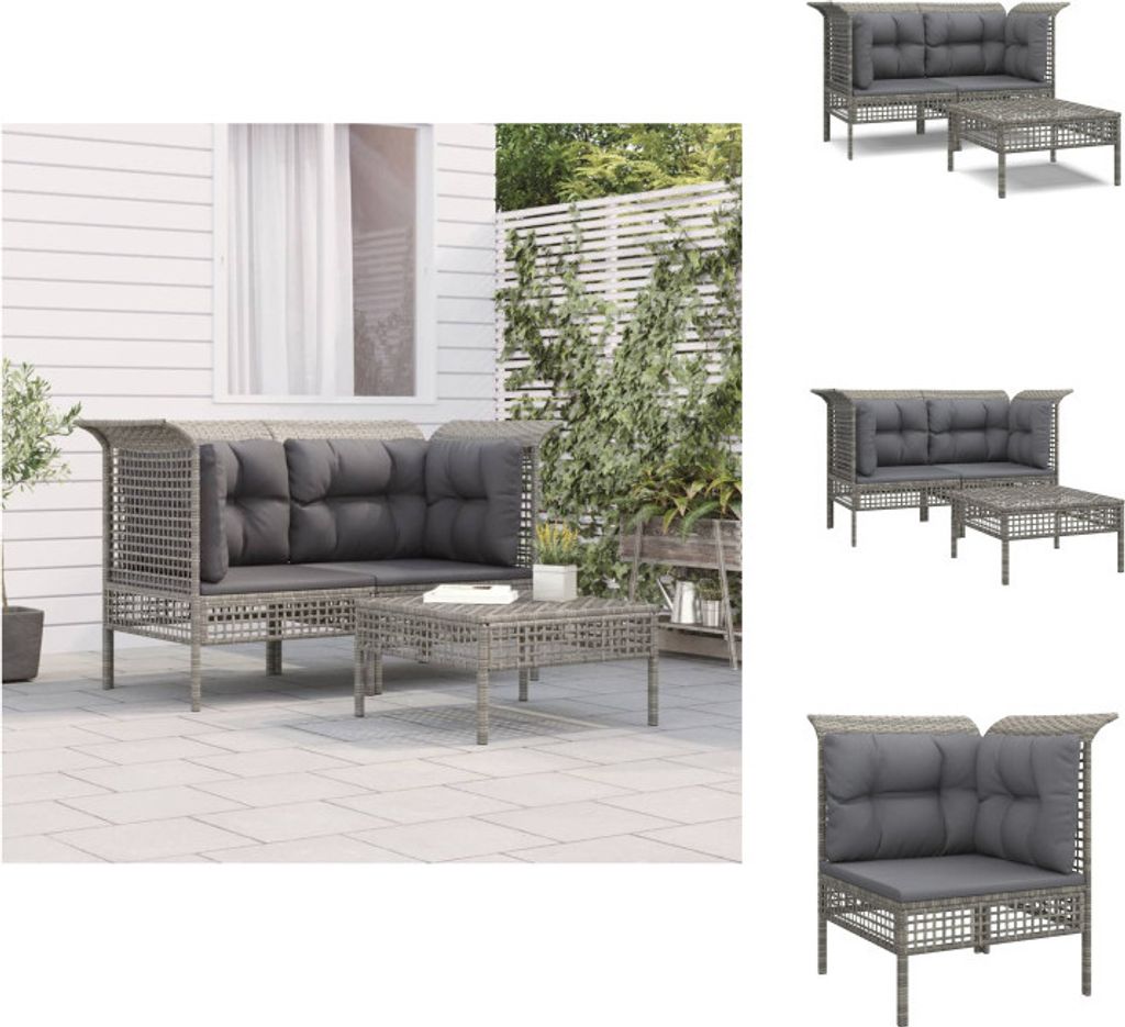 vidaXL 3-tlg. Garten-Lounge-Set mit Kissen Grau Poly Rattan - Gartenmöbel-Sets