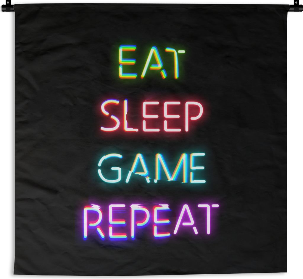 MuchoWow Wandteppich Wandbehang Gaming - Led - Zitat - Eat sleep game repeat - Gaming 150x150 cm Tapisserie Dekoration Wandtuch - Wohnaccessoires...