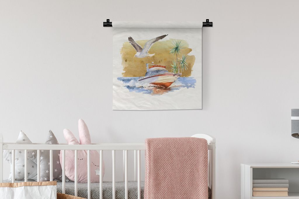MuchoWow Wandteppich Wandbehang Boot - Vogel - Aquarell 60x60 cm Tapisserie Dekoration Wandtuch - Dekorationen - Wand Decke