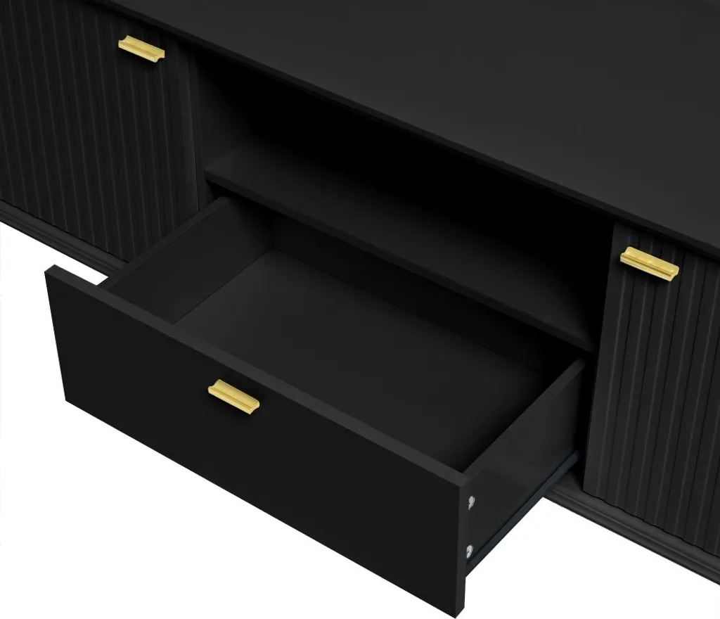 Meuble TV Noir Laqué 170x36cm avec Tiroirs Silencieux et Design Relief - 10