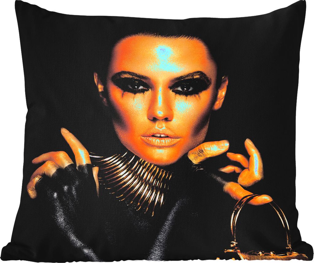 MuchoWow Outdoor Kissen - Make-up - Tasche - Gold - Luxus - Frau - 40x40 cm - Wetterfest - Lounge Kissen - Kopfkissen - Interieur - Polster mit Bild