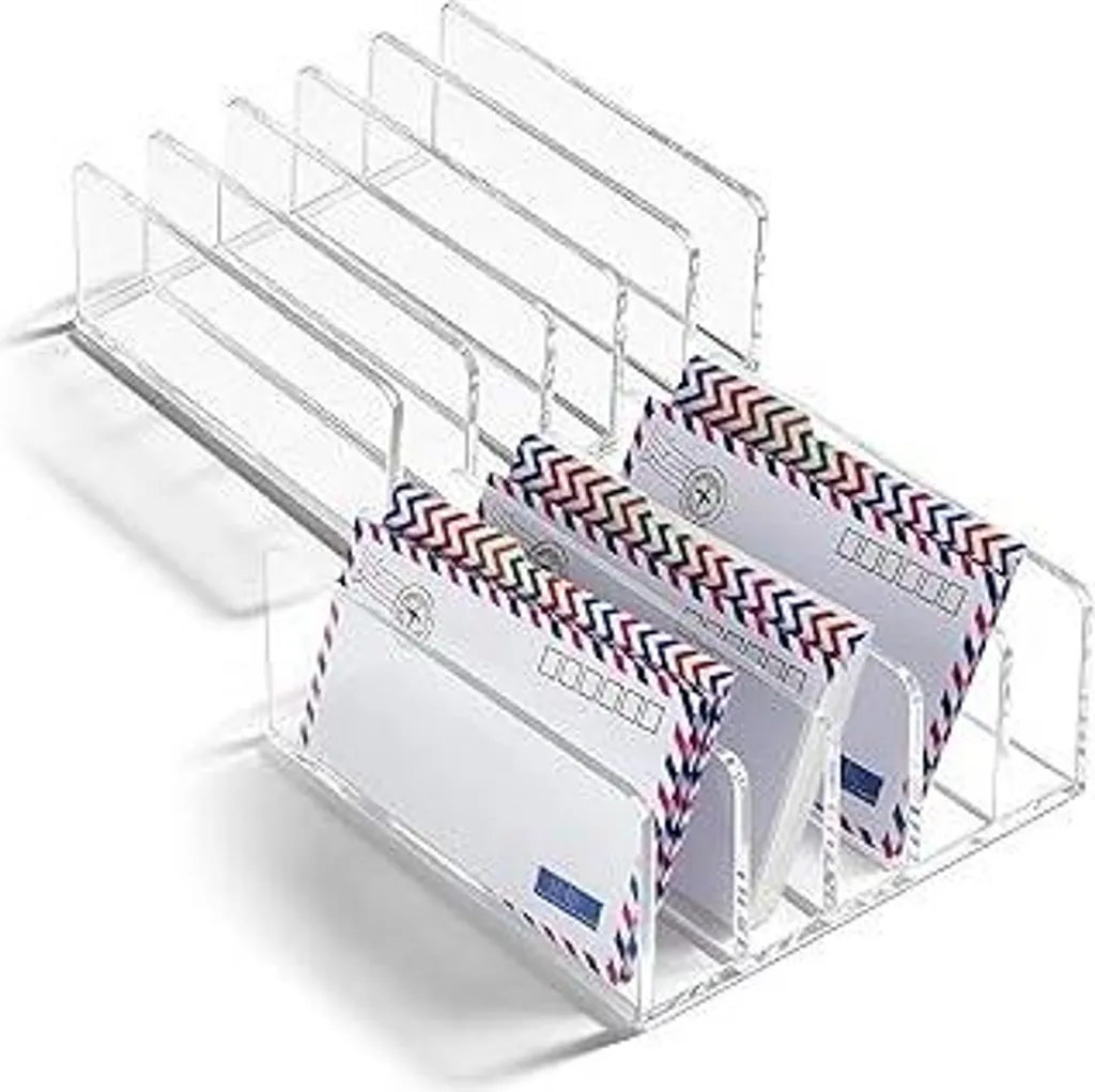 BAIFULAI Portacarte in acrilico, 2 pezzi Organizer per lettere con 5 scomparti, portadocumenti in acrilico, organizer da scrivania verticale Portadocumenti da ufficio Supporto per tenere in la scrivania, 12,2x12,2x5,3 cm