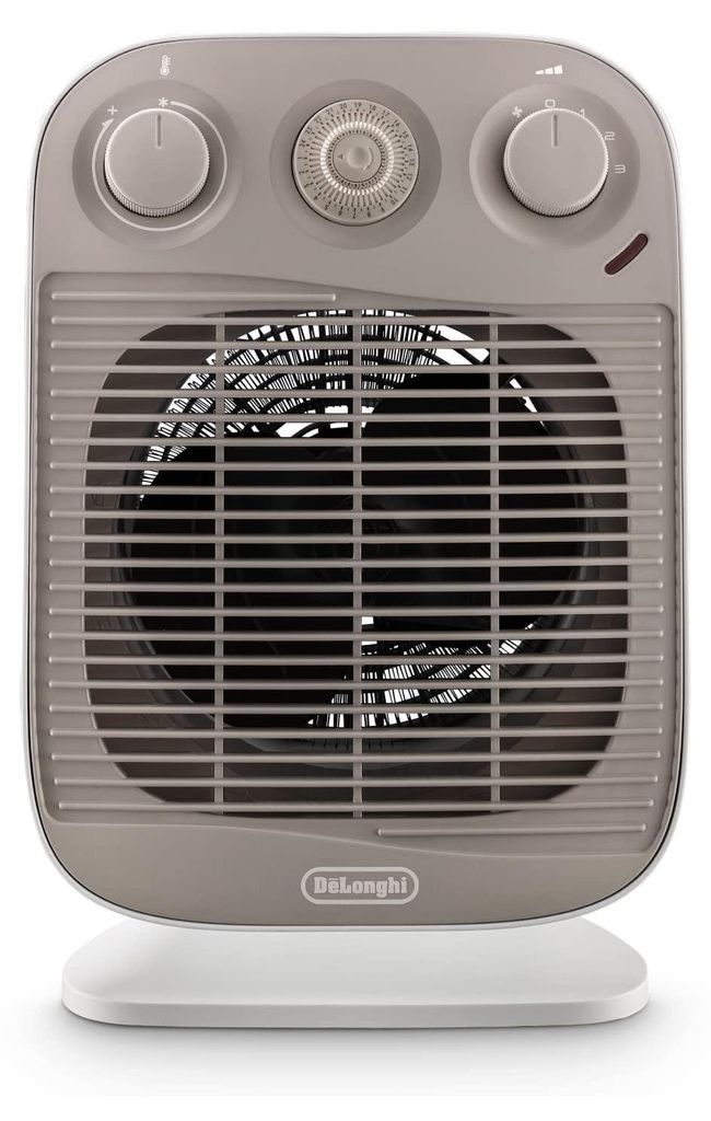 A close-up studio shot of a gray Delonghi fan heater on a white base, against a white background.