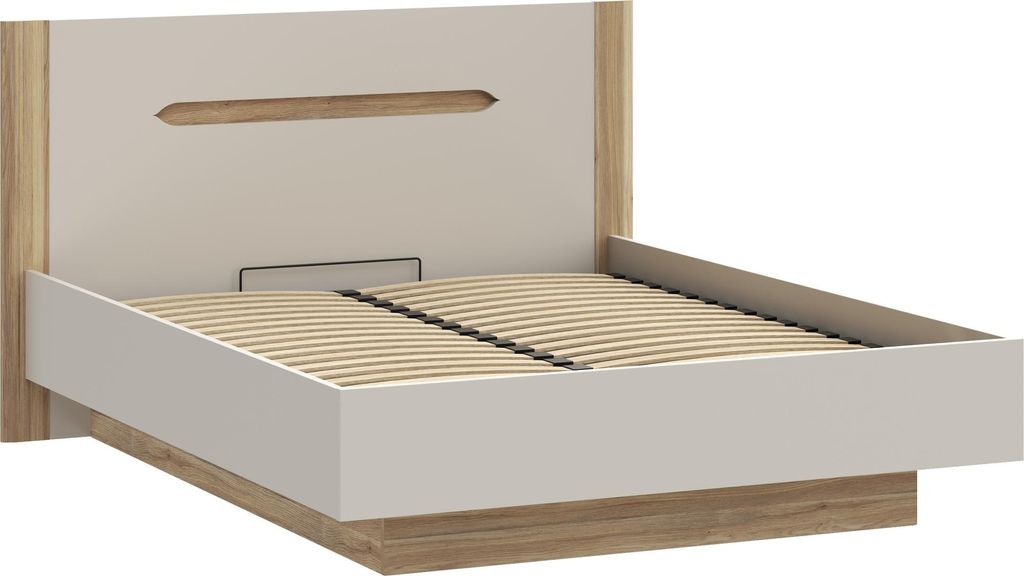 Stauraumbett >EDWAL< Lift-Lattenrost, sandfarbig / Eiche Nachbildung - 176,2x105,7x206,6cm BxHxT