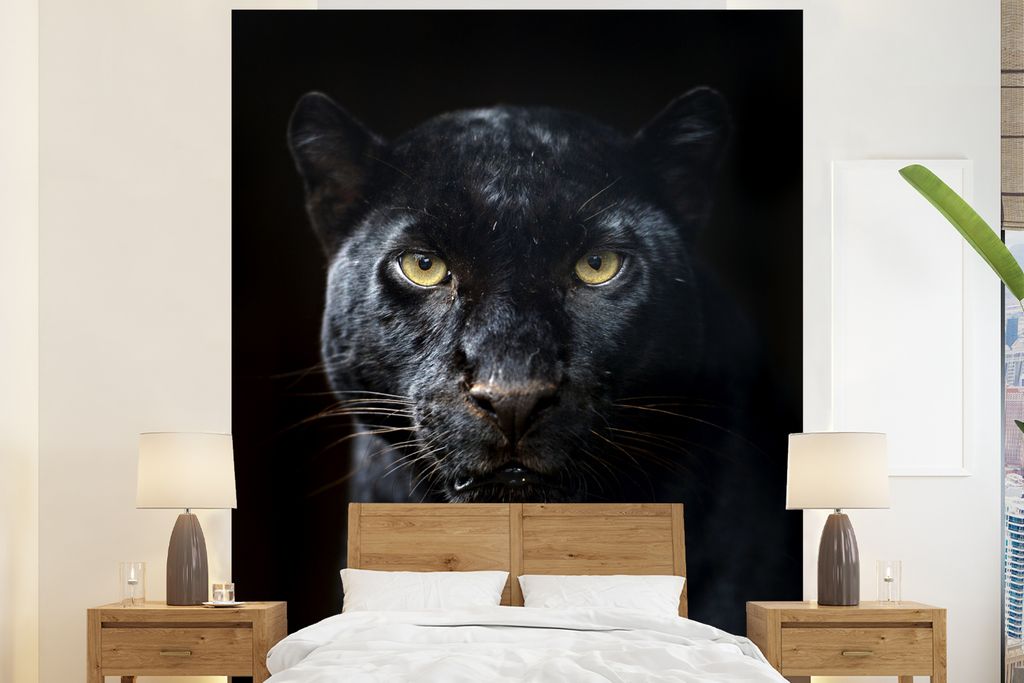 MuchoWow Fototapete für Wohnzimmer oder Schlafzimmer Wandtapete Vinyl Motivtapete Panther - Schwarz - Gelb - 210x260 cm - Wand Tapete