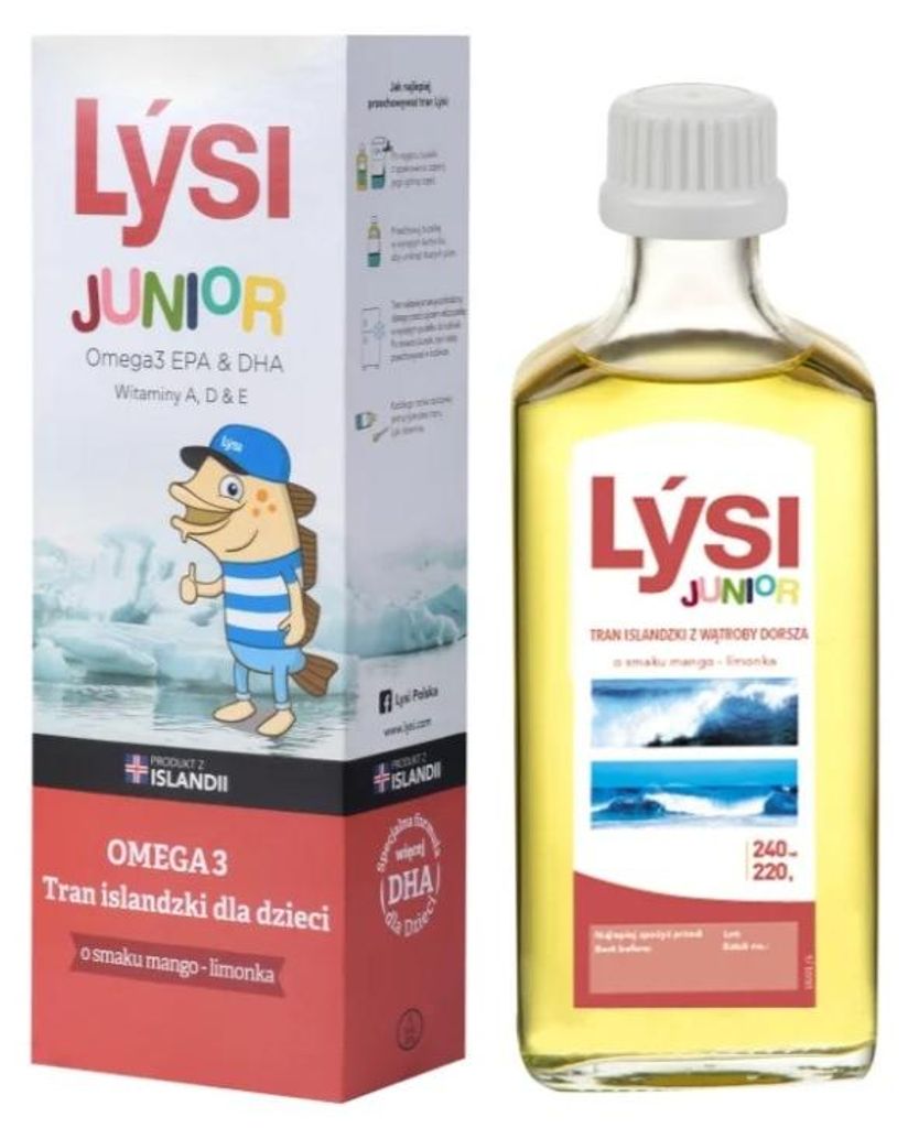 TRAN ISLANDZKI OMEGA-3 (1195 mg) O SMAKU MANGO - LIMONKA DLA DZIECI 240 ml - LYSI JUNIOR