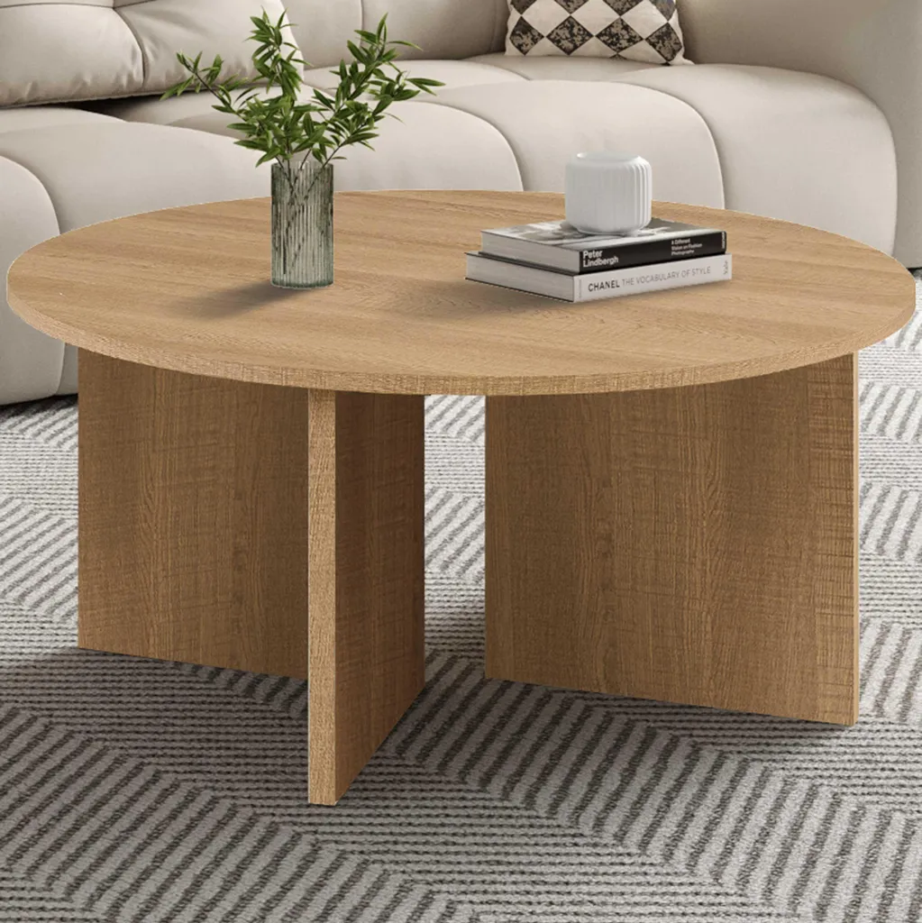 Table basse ronde Drasir finition chêne naturel - Large plateau Ø90