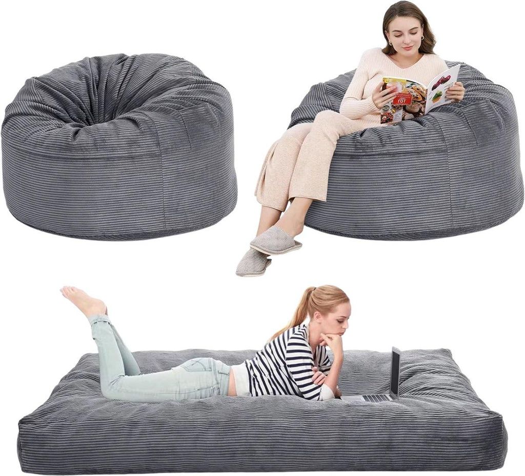 Sitzkissen Matratze Queen Size – Faltbare Bodenmatratze 110x110 cm – Corduroy Sitzsack Sofa-Bett – Hellgrau