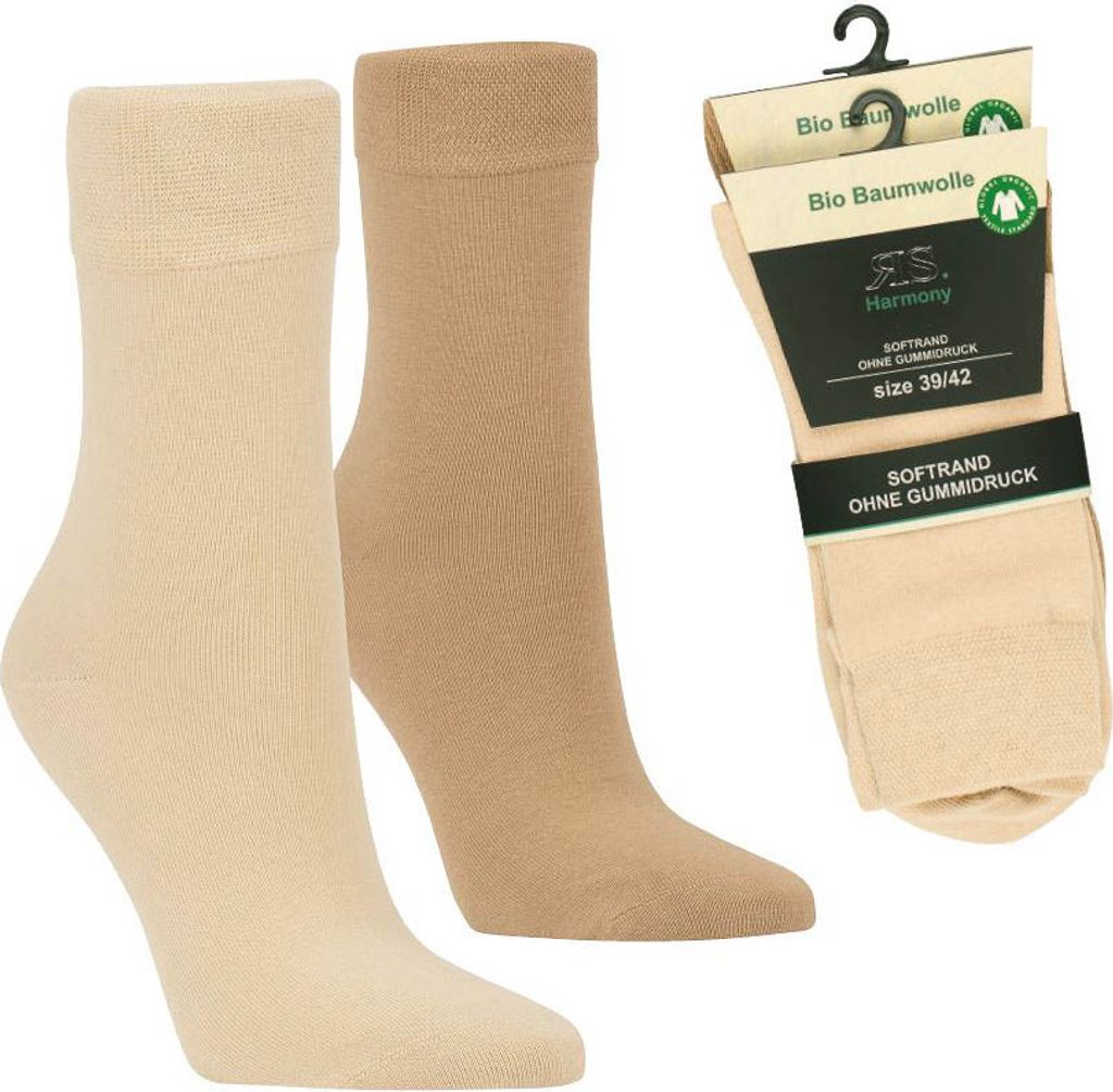 2 Paar Socken Bio 98% Biobaumwolle Organic Damen Herren Socken o. Gummi 35-38 beige