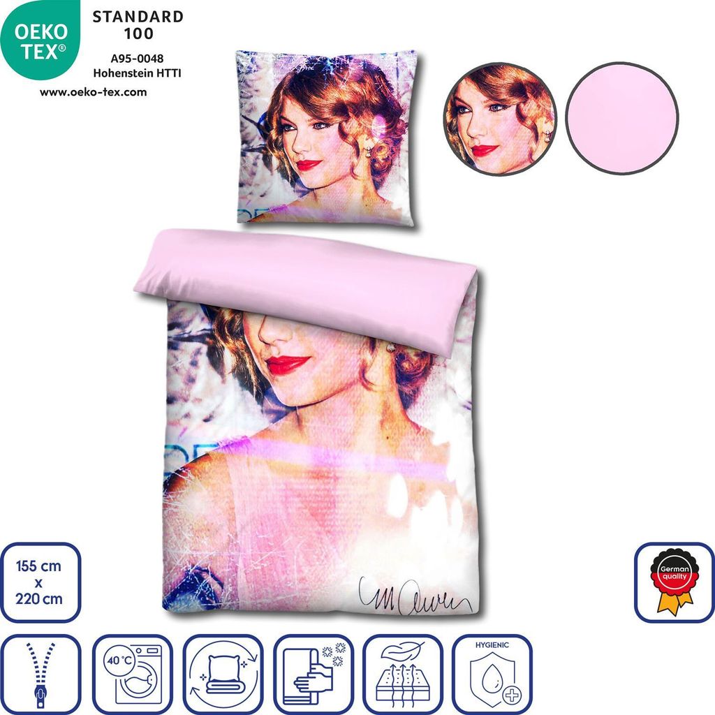A bedding set featuring a portrait of Taylor Swift, shown with a pillow and duvet cover.