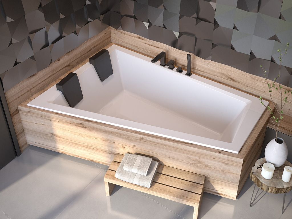 A modern bathroom with a built-in bathtub, wooden accents, and decorative wall tiles.
