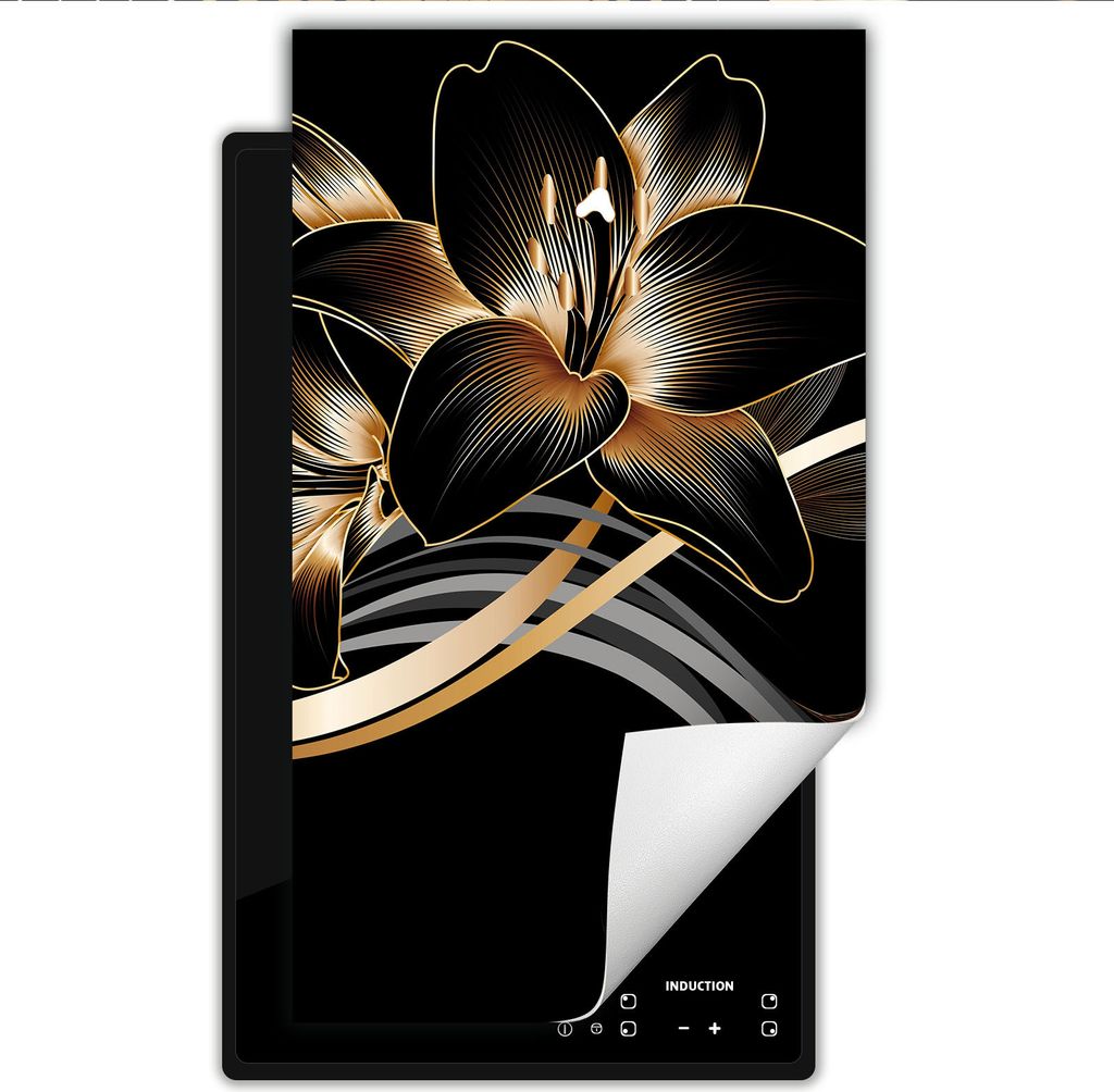 DarHaus Herdabdeckplatte 1 teilig 30x52 cm Anti Rutsch Matte Aufrollbar, schwarz - Orchidee