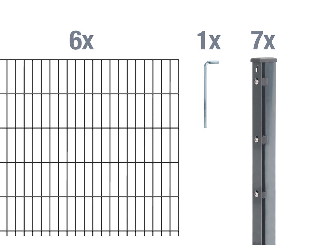 Alberts Doppelstabmattenzaun 8-6-8, Matten 2,50 m, Höhe 63 cm, Länge 15 m, anthrazit, Zaun als Komplettset, Pfosten mit Abdeckleiste 60x40 mm