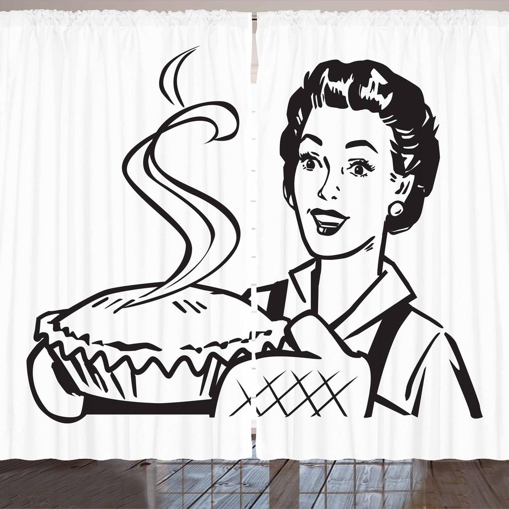 ARANDE Weinlese-Frau Gardine, Hausfrau-tragende Handschuhe, die frisch gebackene Torte zu Hause halten und dienen, 280 x 175 cm, Schwarz und weiß