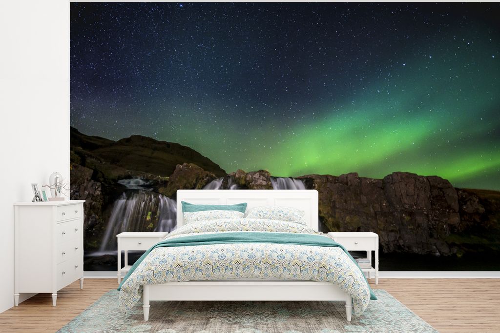 MuchoWow Fototapete für Wohnzimmer oder Schlafzimmer Wandtapete Vinyl Motivtapete Nordlicht - Wasserfall - Island - Natur - 320x240 cm - Tapeten