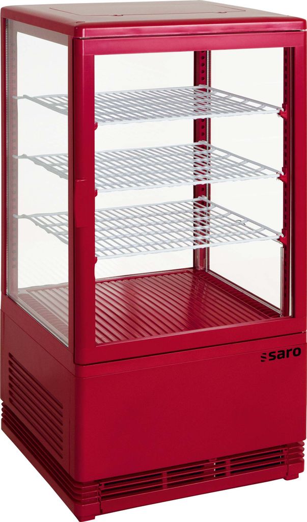 SARO Mini-Umluftkühlvitrine Modell SC 70 rot Mini Kühlvitrine, Kuchenvitrine, Tischgerät, Innenbeleuchtung, 3 Roste, Bäckerei, Imbiss, Cafe, K...