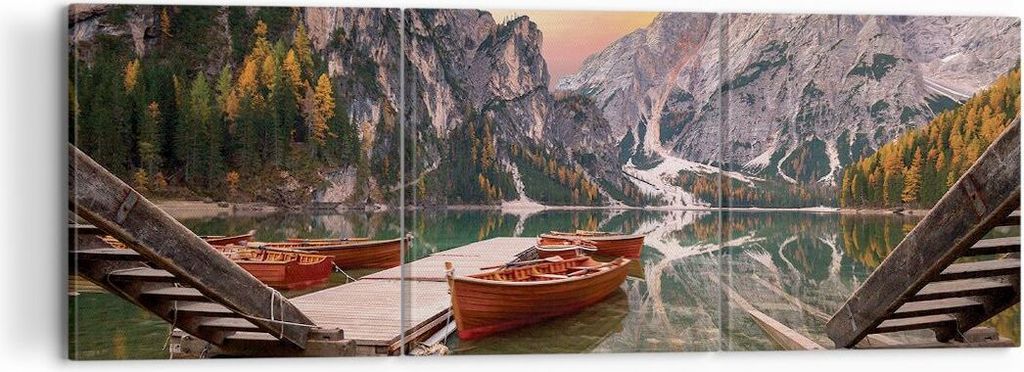 Bild auf Leinwand - Leinwandbild - 3 Teile - Boote Berge See - 120x40cm - Wand Bild - Wanddeko - Wandbilder - Leinwanddruck - Bilder - Wanddekorati...