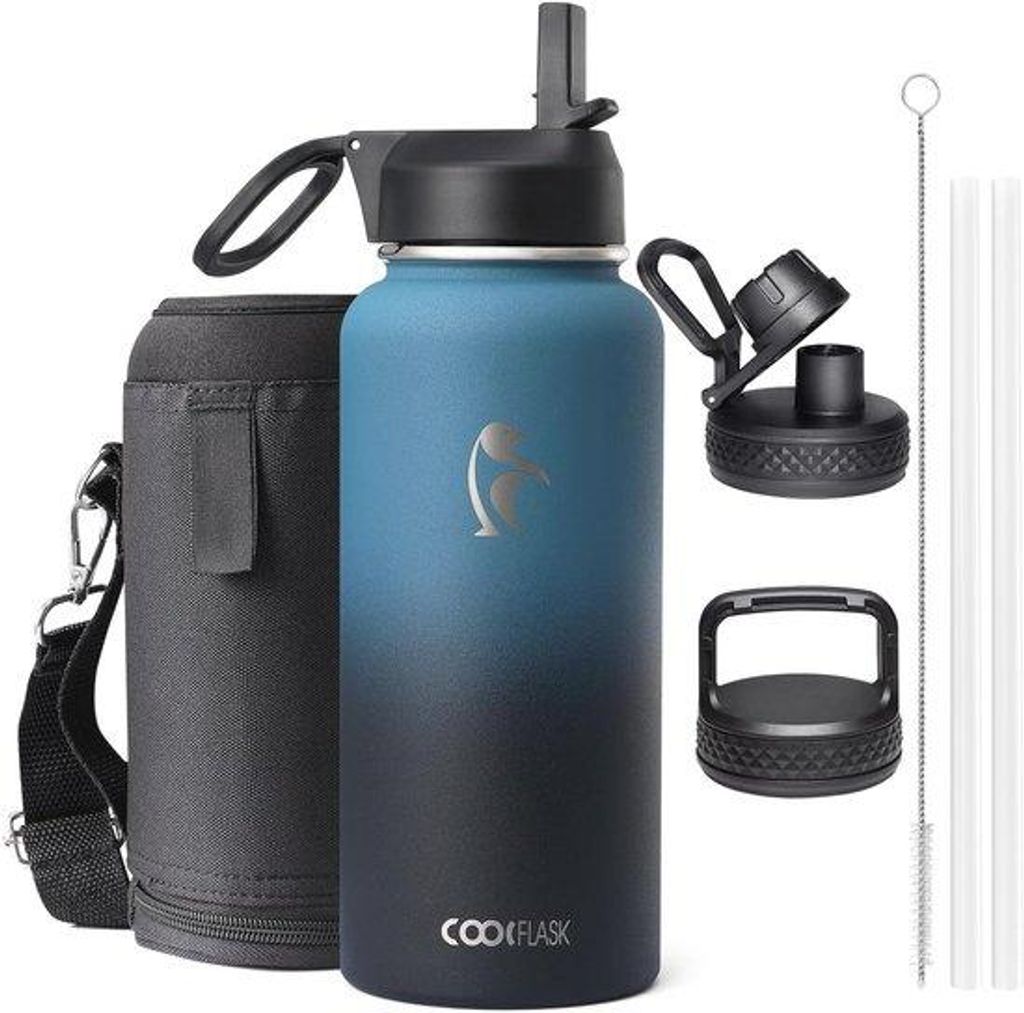 Isolierte 1-Liter-Wasserflasche aus Edelstahl mit Riet und doppeltem Verschluss mit drei Dichtungen.