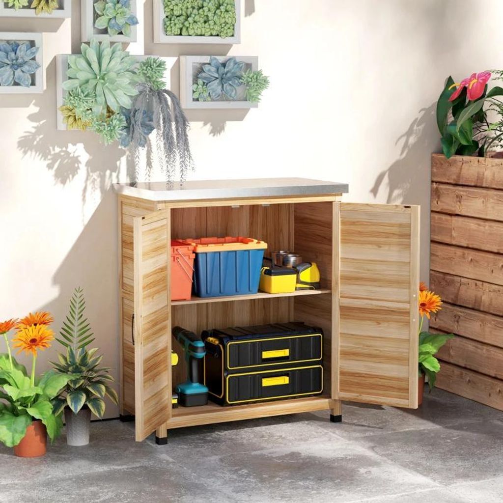 Gartenschrank mit internem Regal & Arbeitsbank – aus Fichtenholz & verzinktem Stahl, Außenschrank für Terrasse & Garten, 79x43x92cm, Holzfarbe