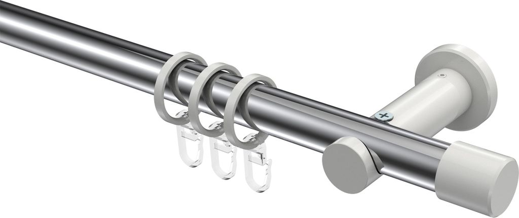 Interdeco Gardinenstange / Vorhangstange Chrom / Weiß, Typ Platon Santo (Kappe), 20 mm Ø 1-läufig, 420 cm