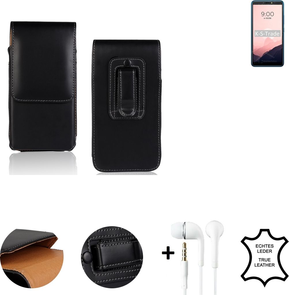 K-S-Trade Leder Gürteltasche + Kopfhörer kompatibel mit BQ Mobile BQ-6030G Practic Seitentasche Belt pouch Holster Handyhülle Schutz Hülle Etui