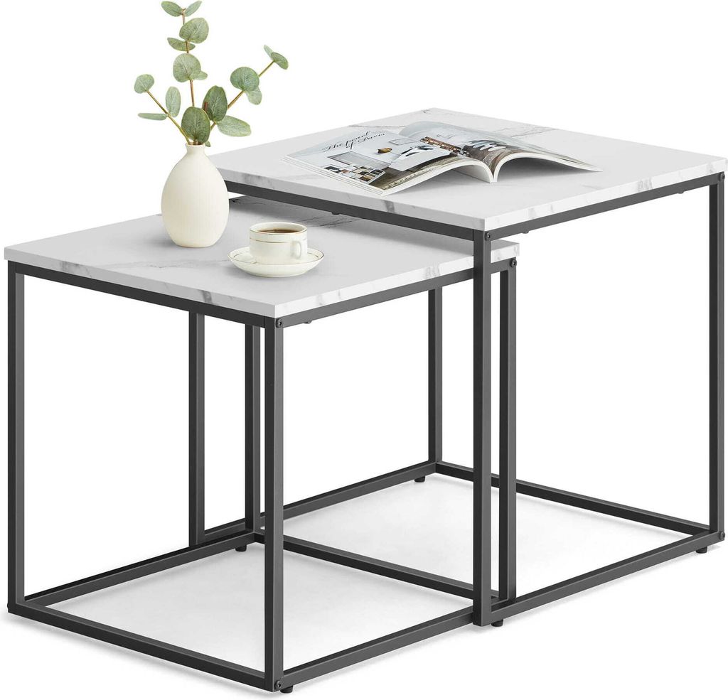 Two nesting square tables with a marble-like top and black metal legs, displayed on a white background.