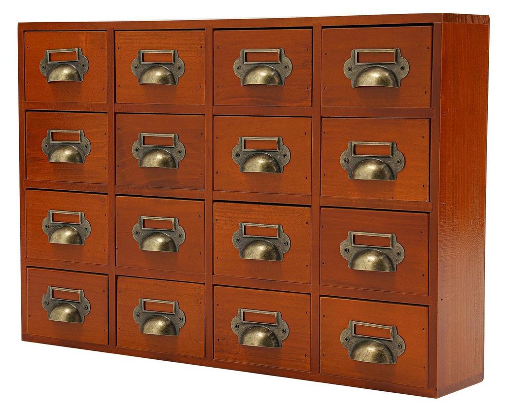 Holz Schubladenschrank 16 Fächer - Medikamenten- & Werkstattschrank - Ausziehbare Schubladen - 50x10x35 cm - Für Schreibtisch, Büro, Garage - Braun