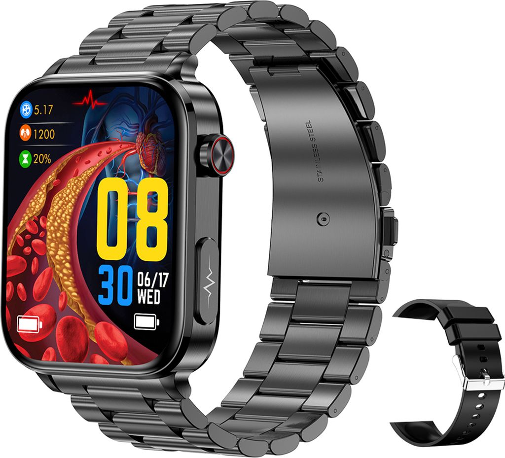 A black smartwatch with a metal band is shown on a white background, with an additional black band to the side.