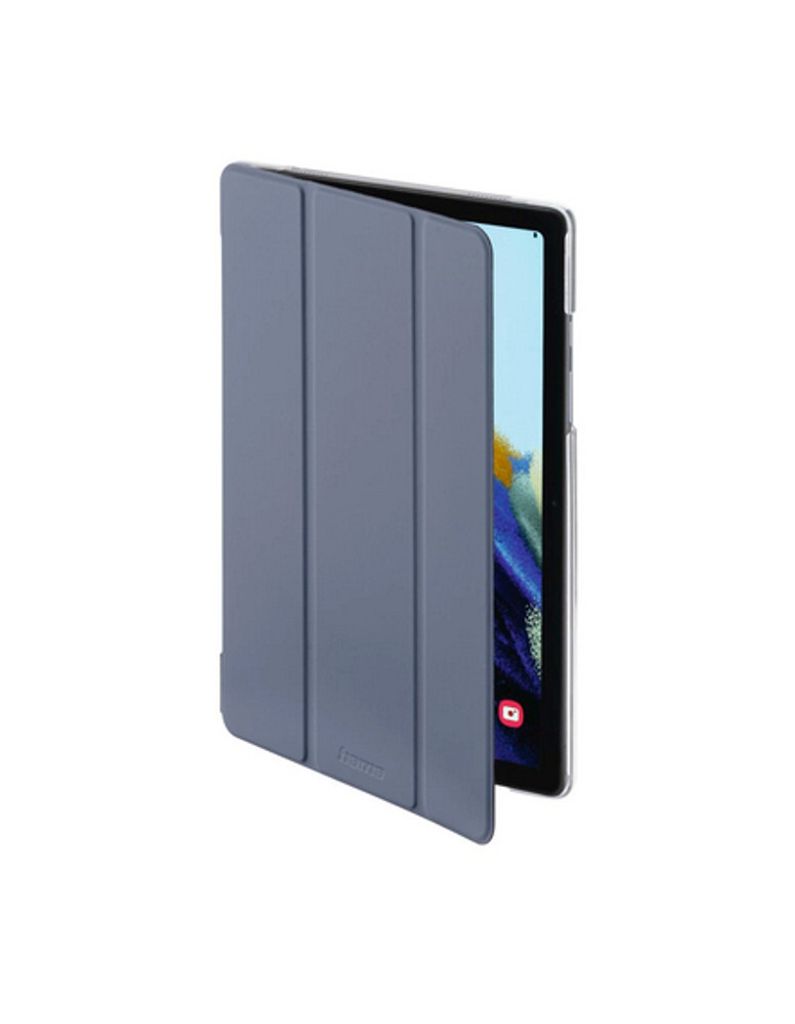 A tablet in a blue case, shown from the side with the screen partially visible.