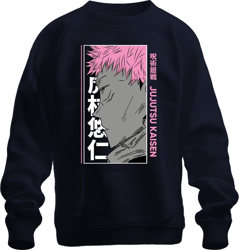 Jujutsu Kaisen Yuji Itadori Anime Porträt rosa Haare Manga Fan Uni Sweatshirt Pullover, Navy, L