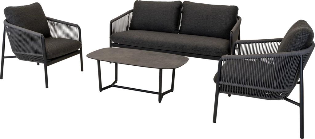 Loungeset - Schwarz - Aluminium - Seil - HPL-Tischplatte