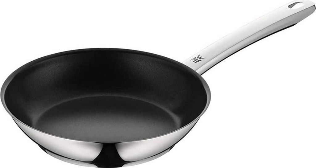 A close-up, studio shot of a frying pan against a white background.
