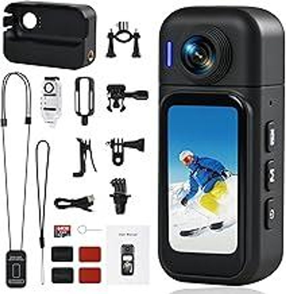 360° Aktionskamera mit Touchscreen, 8-Stunden-Akku, wasserdicht 30M, 120° Weitwinkel, WLAN + 64 GB Karte, unterwasserkamera & 10+ Zubehör für R...