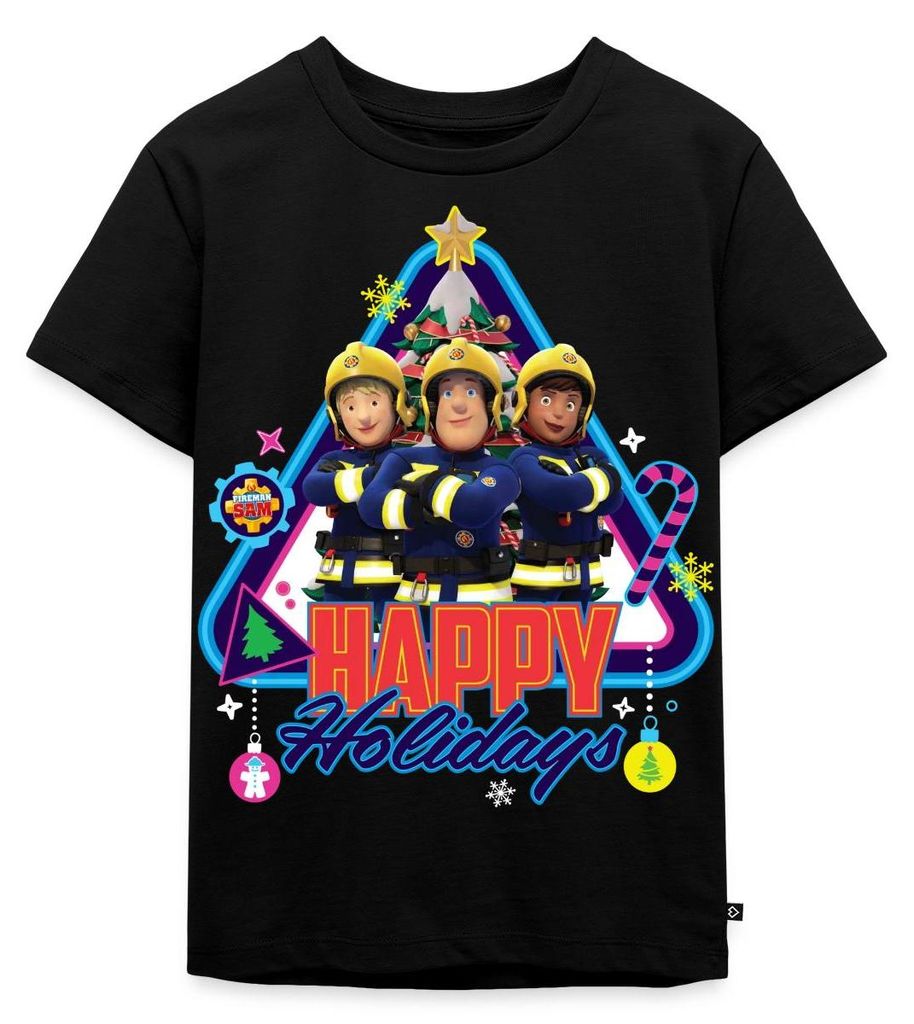 Spreadshirt Feuerwehrmann Sam Happy Holidays From The Team Kinder Premium T-Shirt, 110/116 (4 Jahre), Schwarz