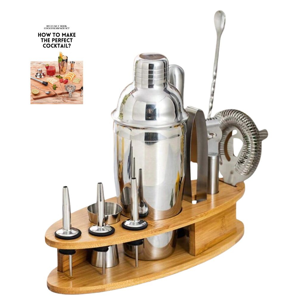 Recalma Cocktail Shaker Set mit Ständer, Cocktail Set Shaker Edelstahl, 12 Teiliges Barkeeper kit mit Rezeptbuch, Manner Geschenk Set Cocktail zub...