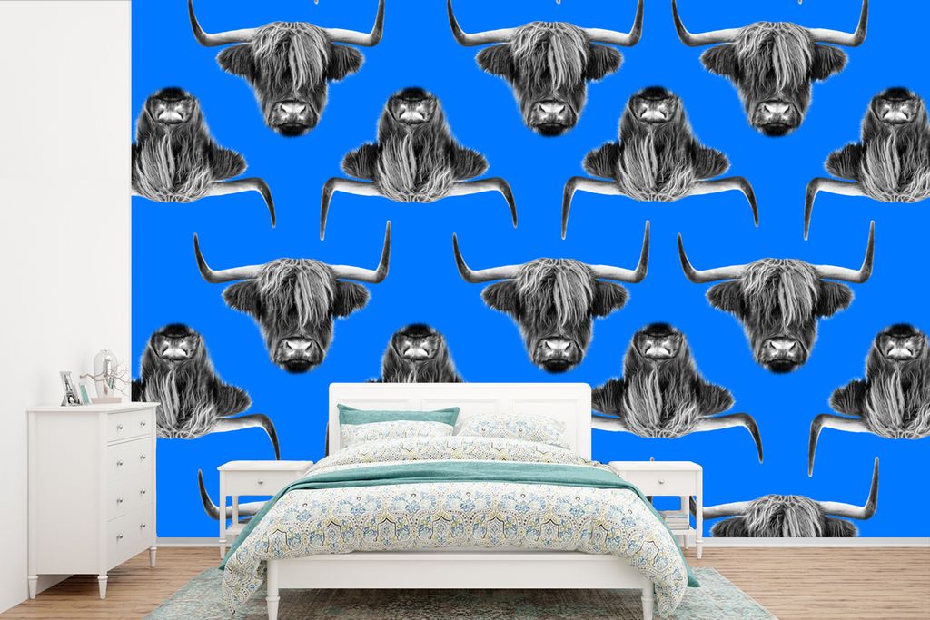 MuchoWow Fototapete für Wohnzimmer oder Schlafzimmer Wandtapete Vinyl Motivtapete Schottischer Highlander - Muster - Blau - 525x350 cm - Das Hin...