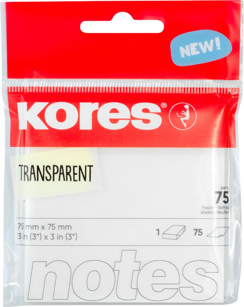 Product packaging for Kores transparent sticky notes.