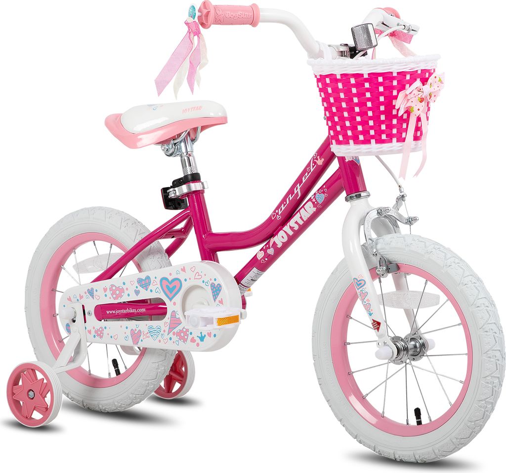 HILAND 16 Zoll Mädchen Kinderfahrrad mit Korb & Bändern, Vorderen Zangenbremse & Rückwärtige Pedalbremse, Stützräder, Rosa