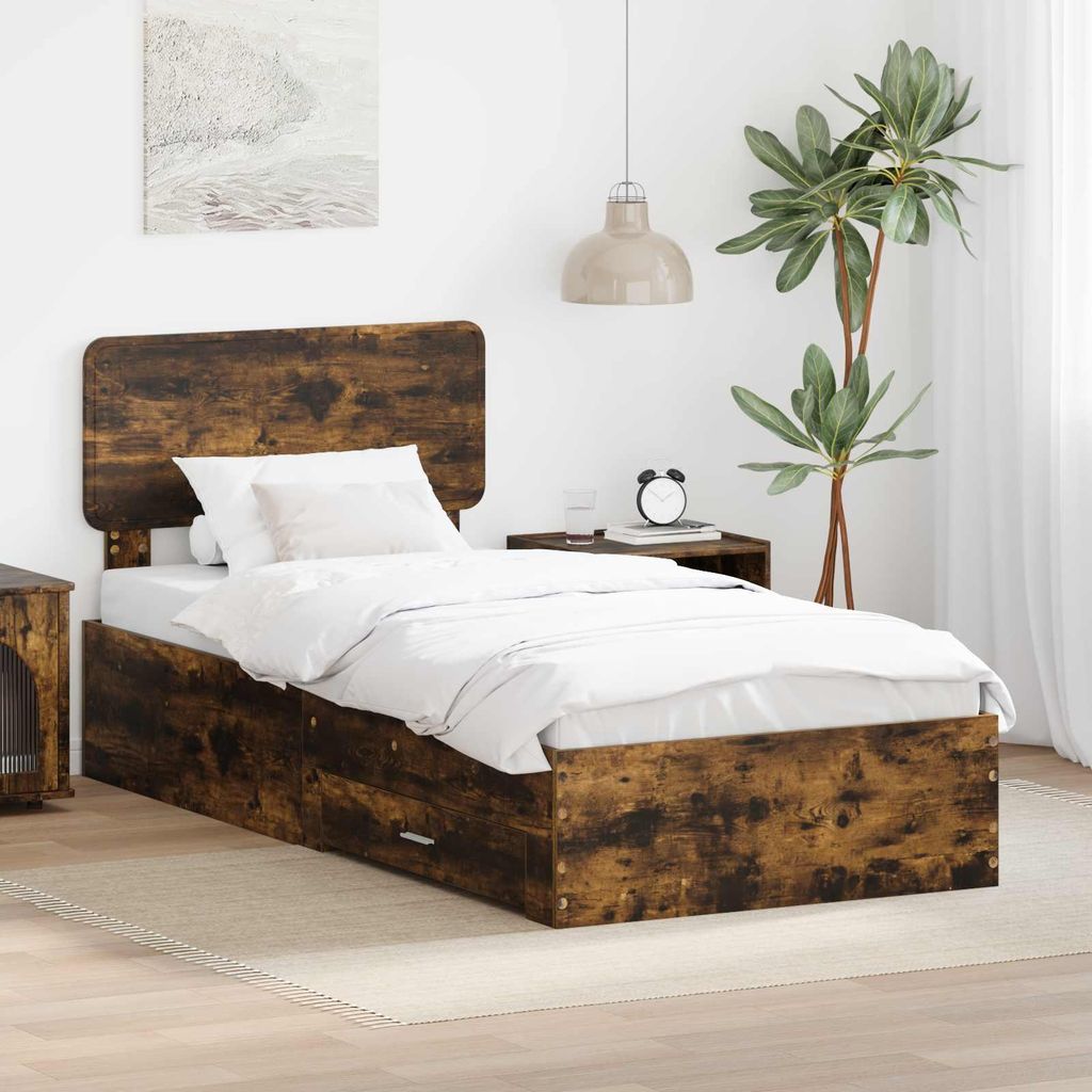 "Schlussverkauf" Einzelbett 1 PLACE - bettrahmen moderne - Geräucherte Eiche 100x200 cm Holzwerkstoff C2373