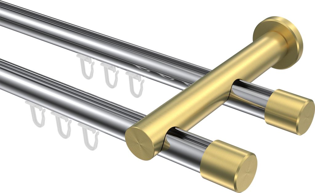 Interdeco Innenlaufstange / Gardinenstange mit Innenlauf Chrom / Messing-Optik, Typ Platon Santo (Kappe), 20 mm Ø 2-läufig, 180 cm